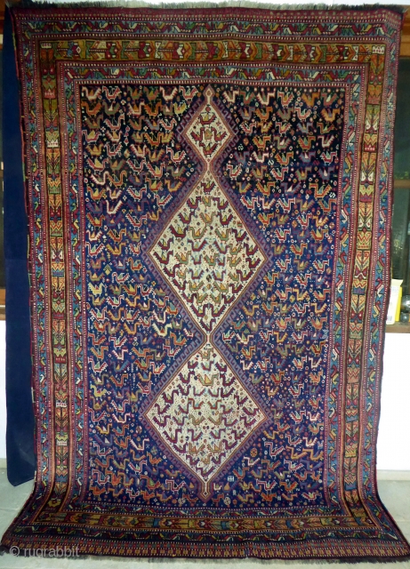 Ref 1616 Khamseh chicken rug, South West Persia circa 1900.  In good condition with only minor restoration. 7'2 x 5'2 - 218 x 157        