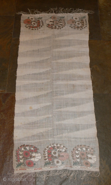 Ref 1338  Turkish embroidered scarf. 3'7 x 1'6 - 110 x 49. Nineteenth century.
In very good condition without stains
www.purdon.com             