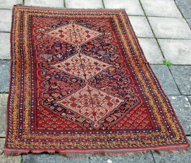 Antique Khamseh carpet 9'2 x 5'6 - 281 x 170 low pile but useable, no significant restoration excellent colours and interesting design features. Circa 1880        