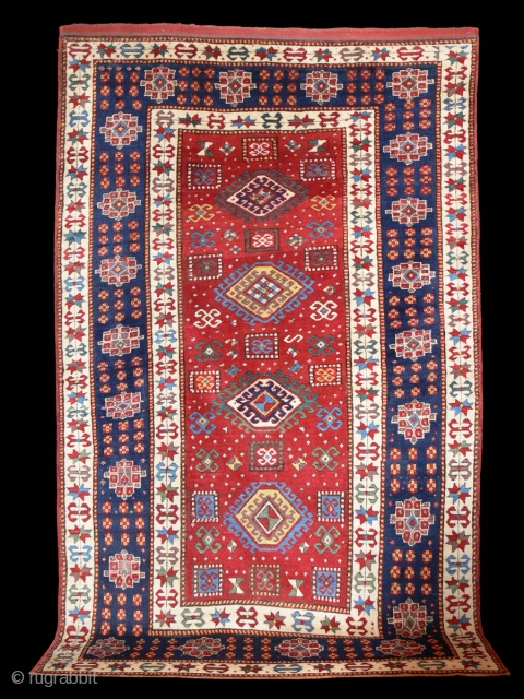 Ref 1277 Kazak carpet circa 1875. 7'11 x 4'9 - 240 x 145 In very good condition, soft lustrous wool and vibrant colour.  Insignificant restoration.       