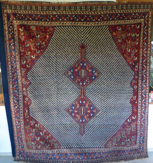 Ref 1529 Khamseh carpet. Circa 1900 with natural dyes. Unusual squareish size. 6'8 x 6'1 - 205 x 185.  In good condition without restoration        