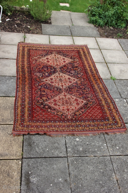 Ref 1504 Antique Khamseh carpet. 9'2 x 5'6 - 281 x 170. Circa 1880 With excellent colours and no restoration.  The field with many birds and animals     