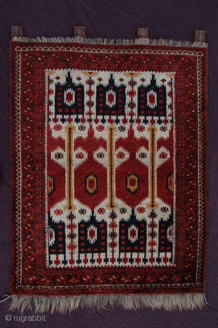 Rare Ikat design Antique Ersari Turkoman prayer rug 110 x 87 cm (3ft 8" x 2ft 11") 1st quarter 20th century. All natural dyes, colours: red, 2nd red, ivory, dark blue, yellow,  ...