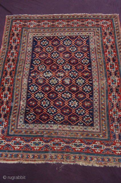 Early Antique Shirvan 138 x 119 cm (4ft 7" x 3ft 11") 19th century, high quality fine weave, beautiful colours of all natural dyes, woolen warps and wefts,  Condition: good but  ...