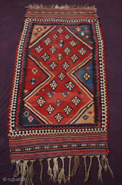 rare small size Antique Qashqai kilim, 154 x 84 cm (5ft 2" x 2ft 9") last quarter 19th century, Condition: good with damages and wear, original bottom ending complete with braided ends,  ...