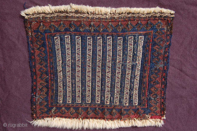 very fine Baluch Chanteh smallbag 32 x 24 cm (1ft 1" x 10") 19th century float wefted field with soumac surrounds all natural dyes colours blue, white, purplish brown, dark brown, red.  ...