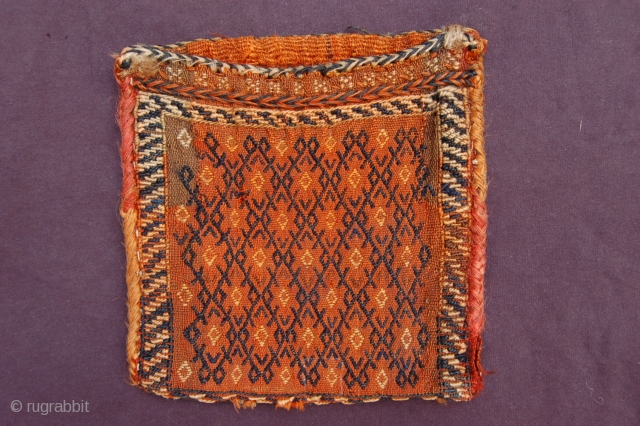 Antique Zileh technique Kurdi Chanteh personal bag, 23 x 22 cm (11" x 11") first part 20th century  natural and chemical(?) dyes  colours: orange (running), dark blue, white, brown (undyed)  ...