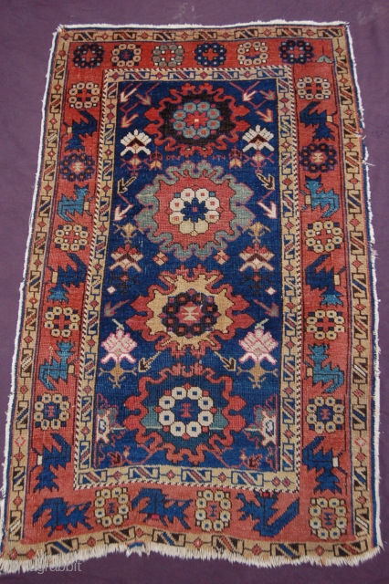 Extraordinary antique Daghestan Avar small rug 128 x 82 cm (4ft 3" x 2ft 9") 2nd half 19th century all natural dyes colours: blue, red brown, ocre, sea green, white, 2nd blue,  ...