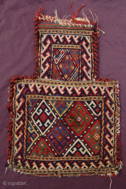 Antique Caucasian/Kurdish Saltbag 47 x 33 cm (1ft 7" x 1ft 1") last quarter 19th century. All natural dyestuffs, colours: dark blue, blue, red, brown, white, green yellow, dark brown, purple (cochenille).  ...