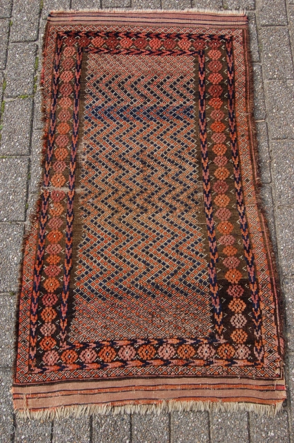Antique tribal Baluch prayer rug 129 x 73 cm (4ft 4" x 2ft 5") 19th century. All natural dyes. Condition: as shown, medium to low pile all over with some places of  ...