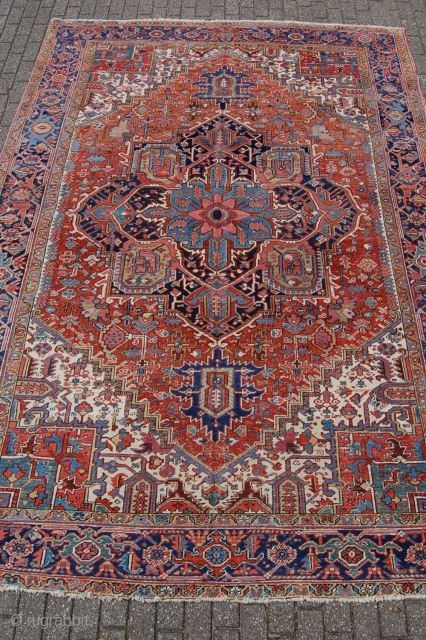 Antique Heriz carpet 377 x 269 cm (12ft7" x 9ft), around 1920. All natural dyestuffs, Condition: (very) good, good evenly medium to low pile (minor wear), 0riginal sides complete and intact (wear  ...