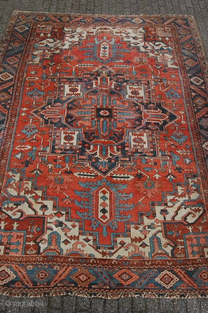 Antique Heriz village carpet 364 x 275 cm (12ft 2" x 9ft 2') around 1900. All natural dyes. Good condition: evenly low pile all over (some scattered neat soumac repairs, see pics),  ...