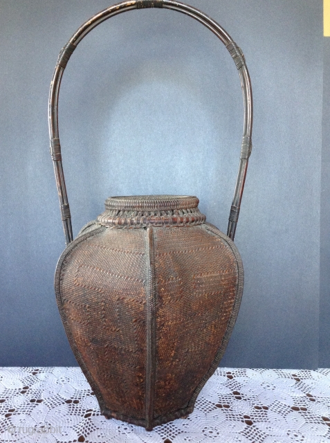 Japanese Bamboo Basket, late 19th century, comes with bamboo insert for flower arrangements.
This basket has a very unusual weave.  There is a design woven into the basket and it is much  ...