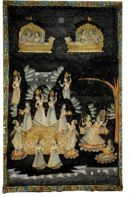 Pichavai, painting on silk from India. 
19th century. 
172 x 110 Cm. 5.7 ft.x3.6 ft. 
In good condition. 
Sewn on cloth and placed on plywood board.  
price € 1200 plus shipping.  ...