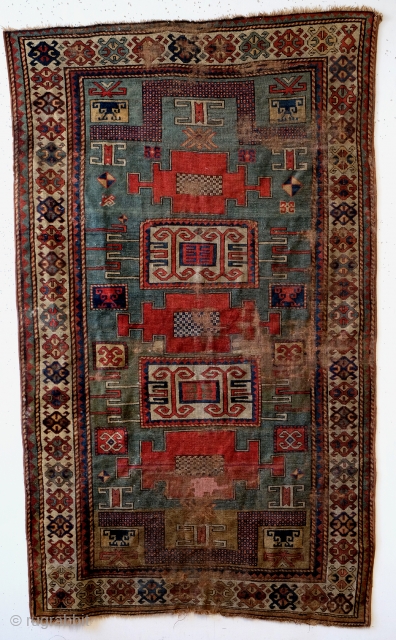 late 18th century Karachov. 146 x 250 Cm's. 
Worn, flat pole, old repairs, borders intact. 
Prayer rug with two orientations/directions. 
Dualistic - not Islamistic but Zoroastic. 
Interesting to see this old religion  ...