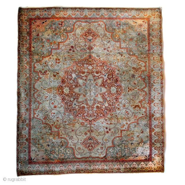 Fine Antique Tabriz Silk Rug, early 20th century. 
Made by a master craftsman. 
Even wear. Refined palette of gray, taupe, celadon-green, red and some soft orange. 
Natural dyes. The orange is made  ...