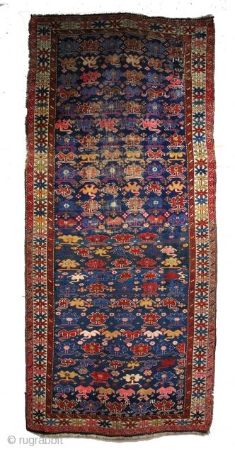 Kazak, Kaukasus, Kuba area, Chi-Chi, early 20th century. 
Some old repairs. crispy. 
Original sides. 
253 x 115 Cm. 8.4 feet x 3.7 feet. 
Scorpions on a blue field.     