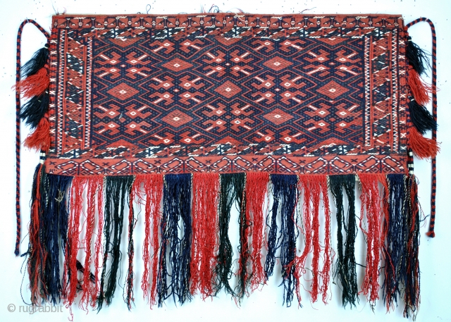 Torba, Ersari Beshir, complete, in perfect condition. 
Soumack. 93 x 43 Cm. with tassels 70 Cm. high. 
               