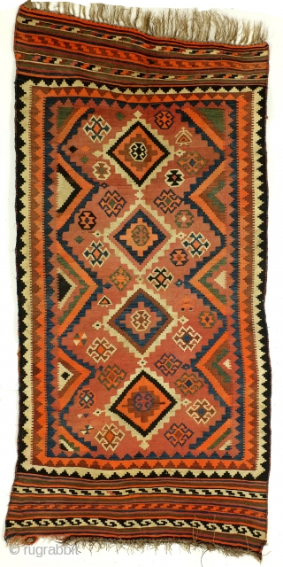 Luri-Gashgai, kilim, wedding gift with depicted bride and groom. 
Early 20th century, 280 x 137 Cm. 9.3 ft. x 4.5 ft. 
Woon on wool. In good condition, no tears or holes.  