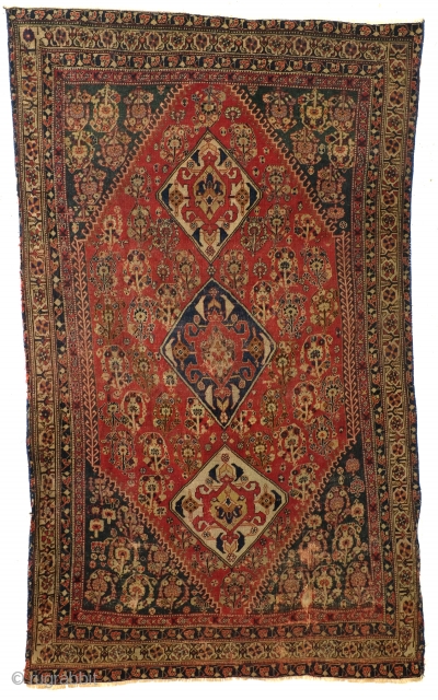 Highly collectable Qashqai, 1860 - 1880. 
200 x 120 cm. 
Beautifully worn, in places worn through, refined knotted, all natural colors te red from Cochenille. 64 knots per Cm.    