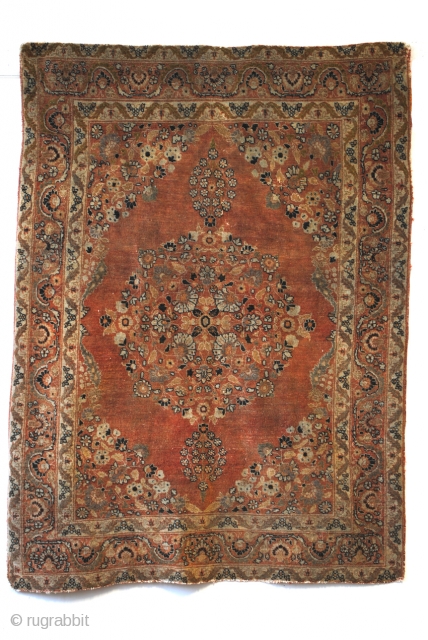 Hadji-Jalili, fine antique Persian rug. 1880. 
180 x 120 Cm. 6 feet x 4 feet. 
Nice vintage look. 
Apricot open field with a citron medaillon and very fine knotting.
Cloudband design in the  ...