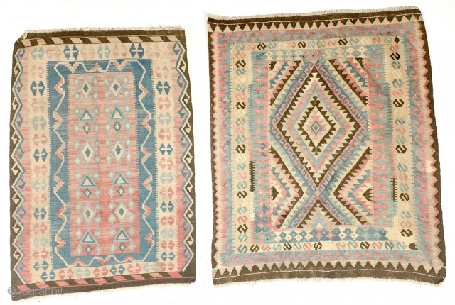 two kilims, one family, I 145 x 125 Cm. and II 143x 100 Cm. 
So close they could be of the same maker. 
Antique, about 1920 - 1930. 
They want to stay  ...