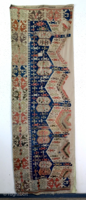 Hotamis, kilim fragment mounted on a cotton ground. 
19th century. 
size 295 x 100 Cm's. 9.8 feet x 3.3 feet. 
            