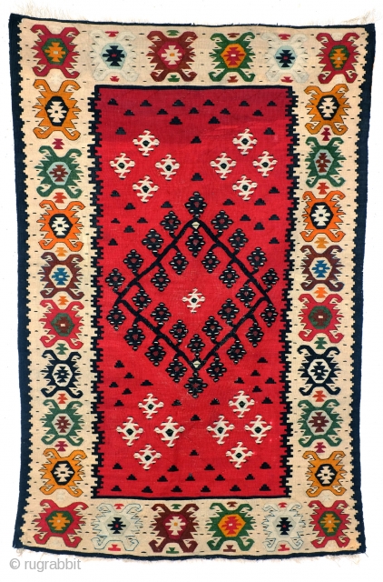 Very fine woven kilim, around 1930.  
'Sarkoy', is the name Turkish rug deales gave to these
Balkan made weavings. 
It is in fact a misleading name, suggesting they only were made
on Turkish  ...