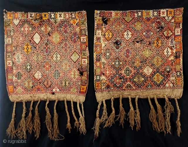 Twin set Soumack bag faces, my estimation) around 1900. 
70 x 65 Cm. Worn, some holes, as is. 
Shahsavan? East Anatolia? 


           