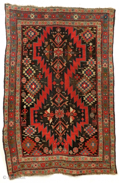 Armenian Karabach, 1880 - 1910. 
In perfect condition. wool on wool.
188 x 127 Cm. 6.2 feet x 4.2 feet. 

The red zig-zag figure is an zoroast symbol.
It stands for fire. And fire  ...