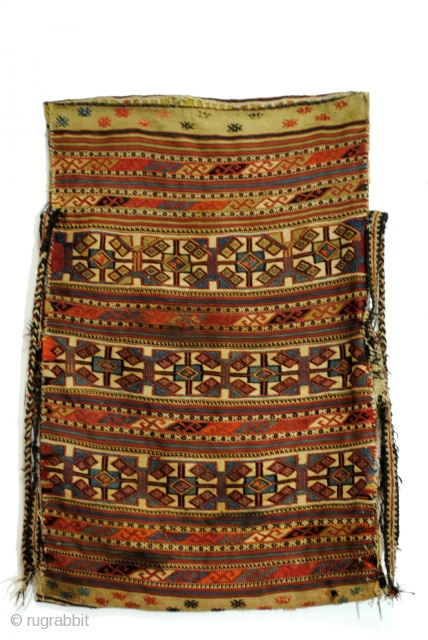 Soumack, 'grain' sack?, natural colors. 82 x 130 Cm. 2.7 ft. x 4.3 ft. Embroidery. 
Kilim back. In very fair state, one hole in the back.       