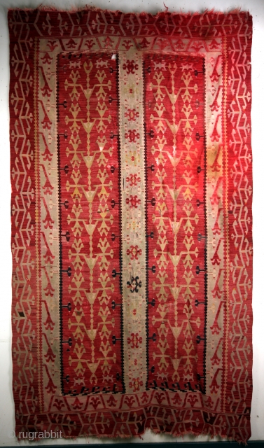 19th century Sarkoy, 285 x 162 Cm. 
Big tree of life. Some bleeding, one or two holes. 
Probably a dowry gift, 2 trees side by side.... 

ON AUCTION AT CATAWIKI
link: https://veiling.catawiki.nl/kavels/28035157-sarkoy-kelim-285-cm-162-cm?previous=favorites  
