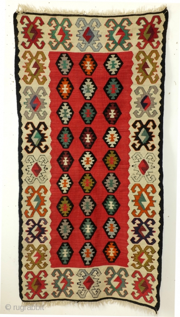 Sarkoy kilim. 125 x 63 Cnm. 
Sarkoy is a harbour town at the north coast of the Black Sea. 
A small area what remained Turkish territory after the Turkish defeat in 1912.  ...