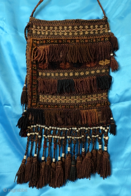 Small Bag, 'Chanta', 64 cms long 34 wide. 
The technique is called weft-substitution an
It is in realy perfect condition. 
The glass beads are handmade. d is executed on the loom. 

Rows of  ...
