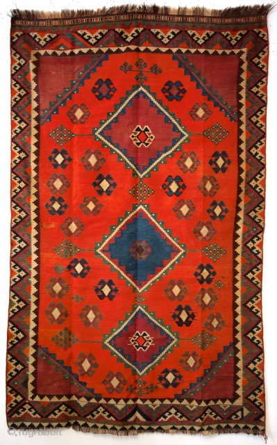 Luri people, late 19th early 20th century, 240 x 112 Cms. 
On natural undyed goat wool warp. 
Geat colors. 
Left faced weaving in one heading. 
Other side original zig/zag kilim pattern. 
Not  ...