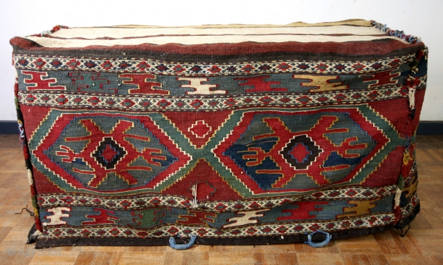 Mafrash, antique, kilim, both matching pillow ans Mafrash. 
110 x 55 Cms. High 50 Cm. 
You need to make the wooden box.  
Nice Jajim back on the pillow. 
   