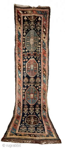 Caucasus, 1900 - 1910, Kuba area, 365 x 95 Cm. 
Soft wool, natural colors. 
Some wear in the heading in top, kelim ending. 
Wear in the 3 Simorg's in the middle. 
 