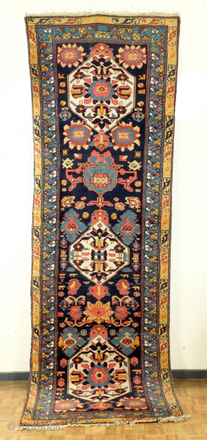 Harshang motif, Kurdisch, Bidjar area, dark blue ground in contrast with the sparkling colors. Dragons in the soft yellow border. Nice tomado red.  
305 x 100 Cm. 10 ft. x 3.3  ...