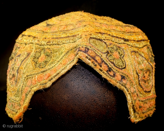 Cap,Turkman, fine embroidery with gold brocade. 
High 10 cm. wide 18 cm.                     