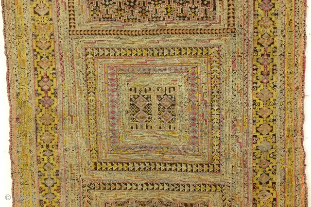 Antique Verneh Karabach, south Caucasus, Armenian culture, Silk on a kilim ground of dark brown wool. 
275 x 77 Cm. 9 feet x 2.5 feet. 
Makers of this technique moved away from  ...