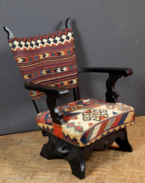 Chair from the 50-ts with Qashqai kilim. 
Oak with old fashioned springs. 
In good condition, sits great.                