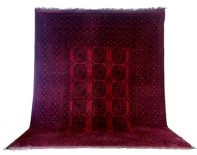 Afghan Bochara.
Wool on wool. 
340 x 250 Cm. 11.3 ft. x 8.3 ft. 
Deep velvet glow and great wide borders! 
1930. 80 years old.  

       
