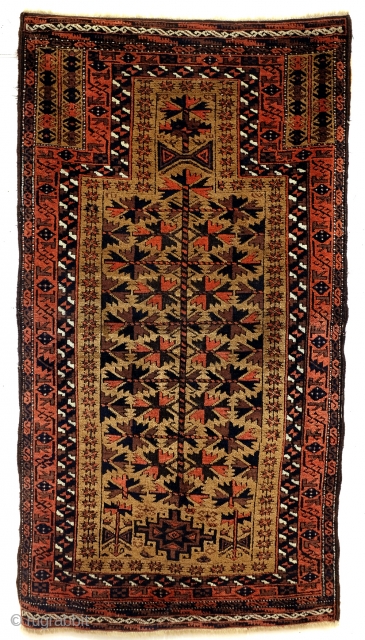Sold
Antique Beloudj Prayer Rug. 
1870-1895.
160 x 86 Cm.   5.3 ft x 2.8 ft.  

High quality. 
Camel ground, embroidered edges. 
Warp and weft of white wool.     