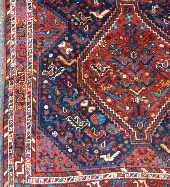 Glowing Qashqai square rug, 112  x 112 cm., 3'8" x 3'8", ca. 1900. Full pile, without any wear. Great saturated dyes, all natural. Five scattered mothing spots, fingertip seize and a  ...