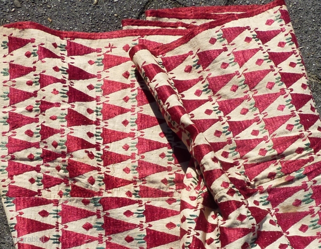 Antique Phulkari Punjab India ca. 1900, 264  x 137 cm., 8'7" x 4'6". Silk on cotton. A few brown stains.            