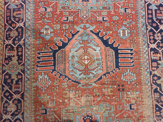 Charming Karaja rug 190  x 153 cm., 6' 3" x 5', around 1900. Alas not in pristine condition: with lot of wear. Also two hardened glue areas at one ending at  ...