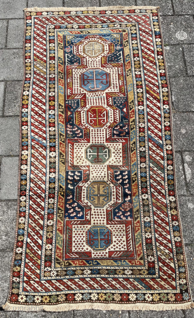 19th c Kuba rug, 110 x 222 cm. Acquired from the collection of a co-worker of Rug dealer Kinbanian, Amsterdam, with whom he worked in the 1960’s. Endings reknotted and with some ...