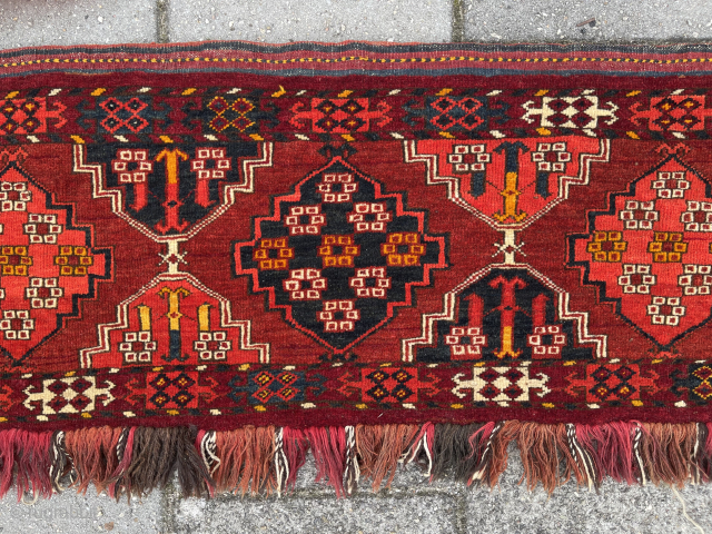 Amazing strong colours in this Ersari Torba. 39 x 152 cm. 
Washed and absolutely no dye run, nor tip fading at all. Excellent condition.  
Info: robvanwieringen@telfort.nl       ...