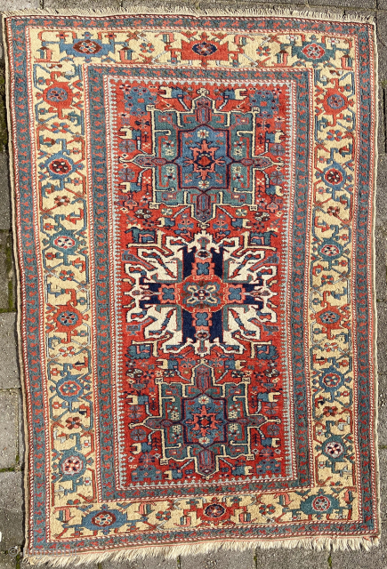 Antique Eagle Karaja, 213 x 144 cm. in perfect condition, no wear , no repairs. All natural dyes, with a camel wool border. Wool on wool structure. Clean. Pics. taken in full  ...
