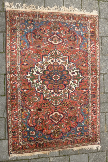 Fine Bachtiari, 208 x 142 ( 6'10" x 4'8") ca. 1920, with full pile all over. Part of a kilim end missing. All good dyes. No repairs. Lays flat and straight.  